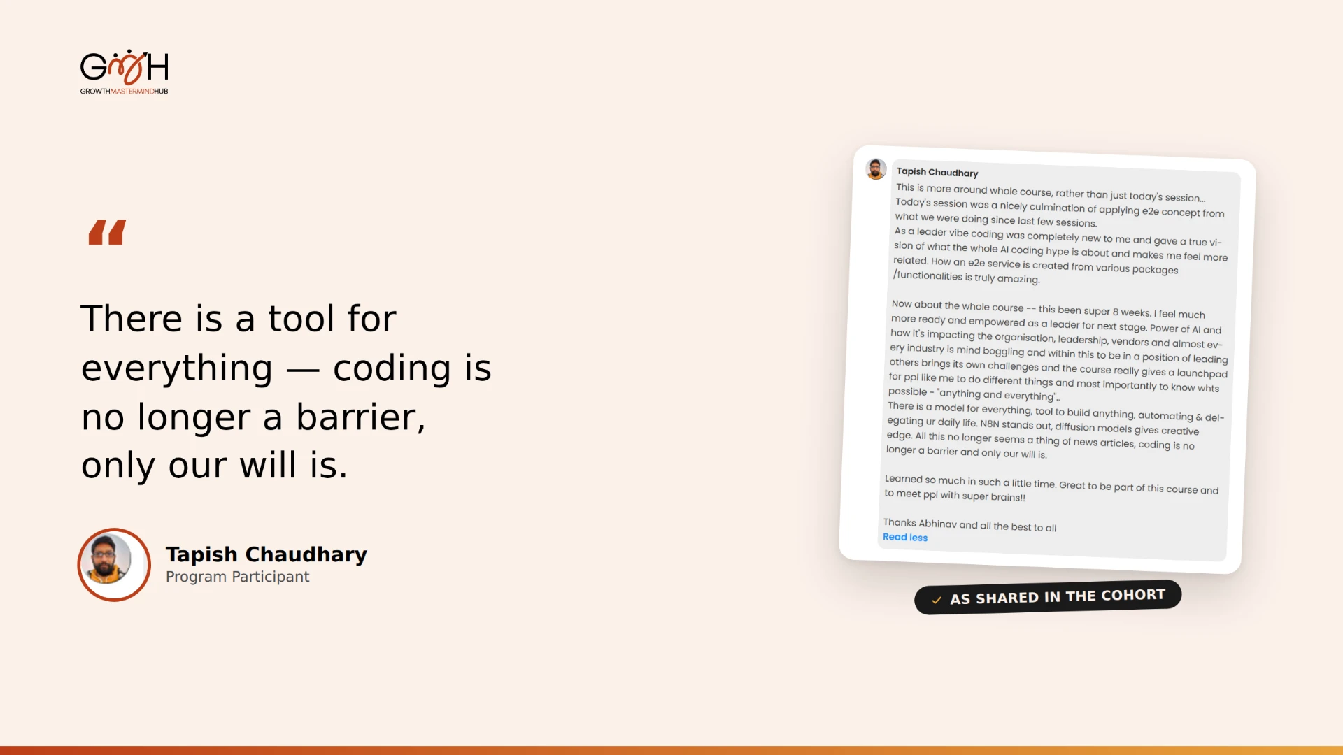 Member feedback from Tapish Chaudhary, program participant