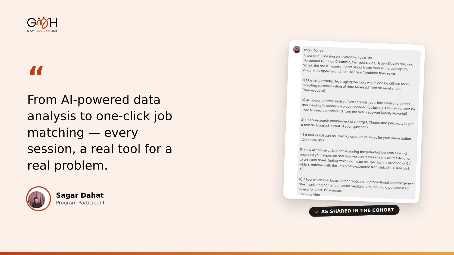 Member feedback from Sagar Dahat, program participant